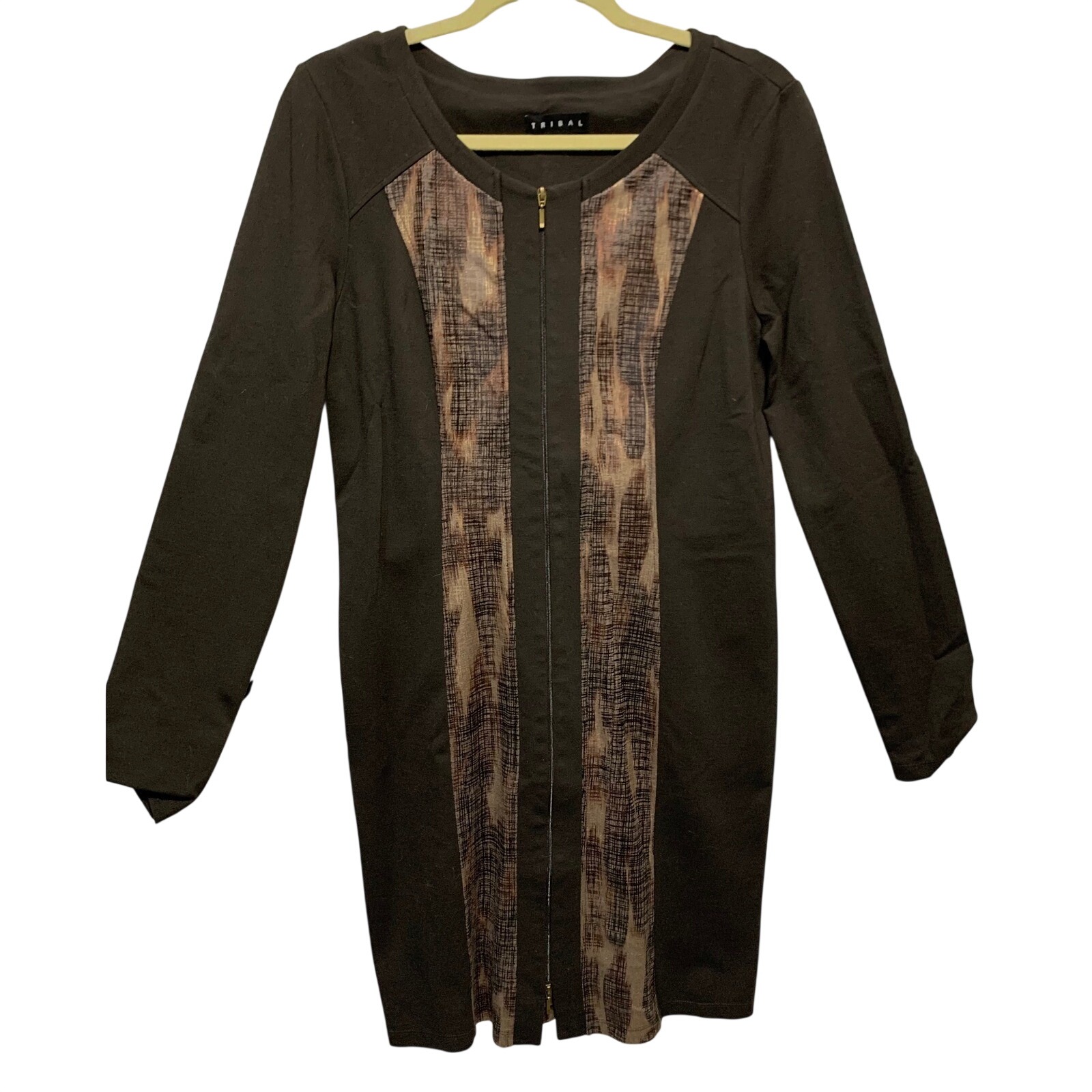 Tribal Women Dress Sz4 Zipper Front Long Sleeve 90s Y2k Brown Geometric Metallic